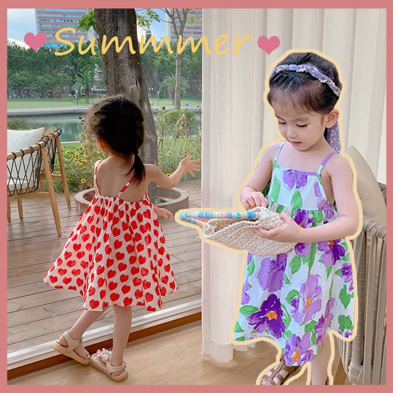 Đầm Hai Dây Mùa Hè Bằng Vải Cotton Nhẹ In Họa Tiết Hoa Màu Đỏ Và Tím Cho Bé Gái 3-8 Tuổi