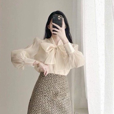 Áo sơ mi trắng nữ tay phồng LOZADO thiết kế thắt nơ cổ chất voan cao cấp kiểu dáng công sở lịch sự A534
