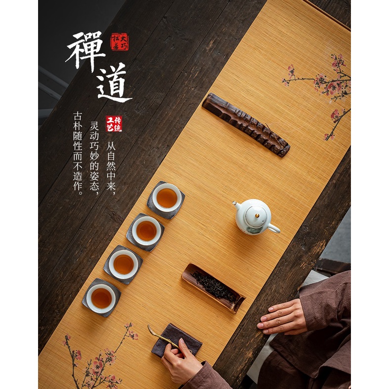 Chiếu Mành Tre, Trúc Trải Lót Ấm Chén Bàn Trà Đạo Họa Tiết Vẽ Mực Tàu Đẹp Mắt