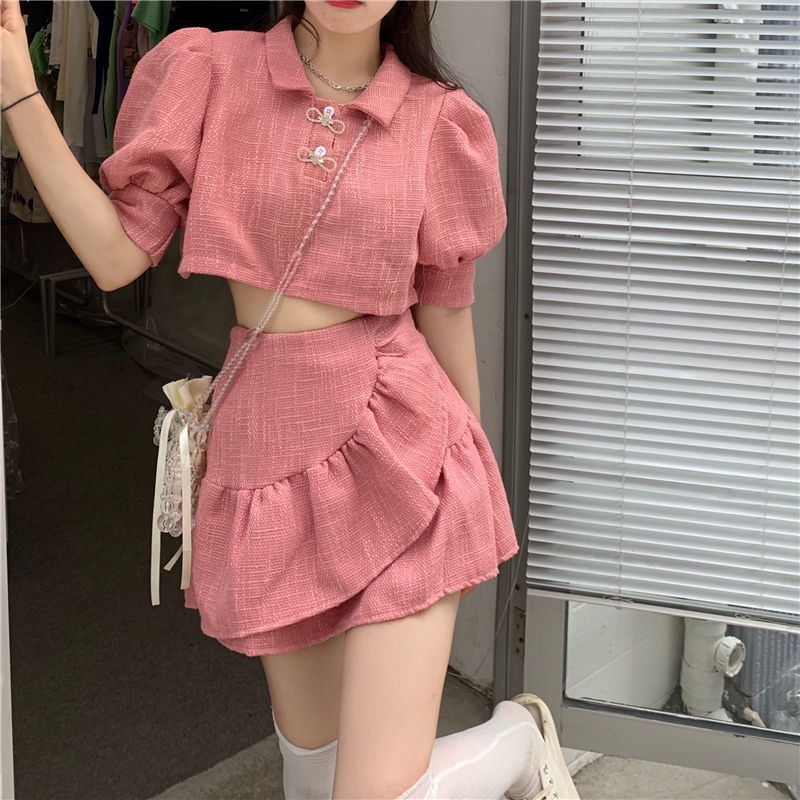 AMOI Set Áo Tay Phồng Kẻ Sọc Ca Rô Phối Chân Váy Xếp Ly Thời Trang 2022 Dễ Thương Cho Nữ