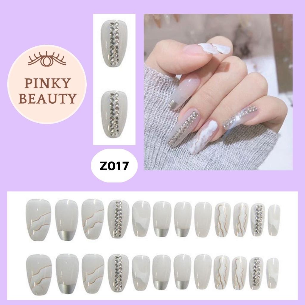 Móng Tay Giả Đính Đá Bộ 24 Móng Giả Pinky Beauty Họa Tiết Đa Dạng, Đẹp Sang Trọng Phong Cách Dài, Ngắn Cho Nữ Kèm Keo