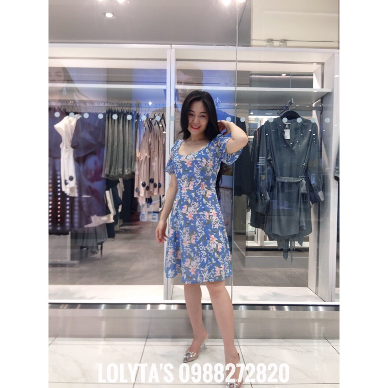 Váy hoa xanh chiffong lụa bổ 7 mảnh dáng xoè,đầm 2 lớp,cổ vuông nữ hoàng,đầm hoa dự tiệc,tay cánh tiên