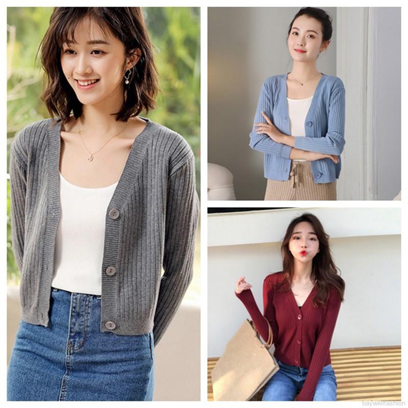 [Baywellfashion]Áo khoác cardigan màu trơn phối nút thiết kế cổ chữ V quyến rũ | BigBuy360 - bigbuy360.vn