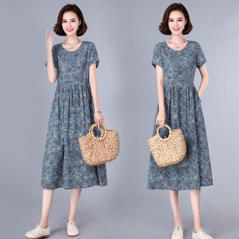 High quality cotton women's floral long skirt mid-summer 2020 new style printed waist slimming plus size a-line skirt