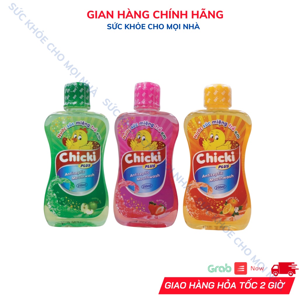 Nước súc miệng trẻ em chicki chai 250ml Hương Táo,Dâu,Cam. Suckhoechomoinha