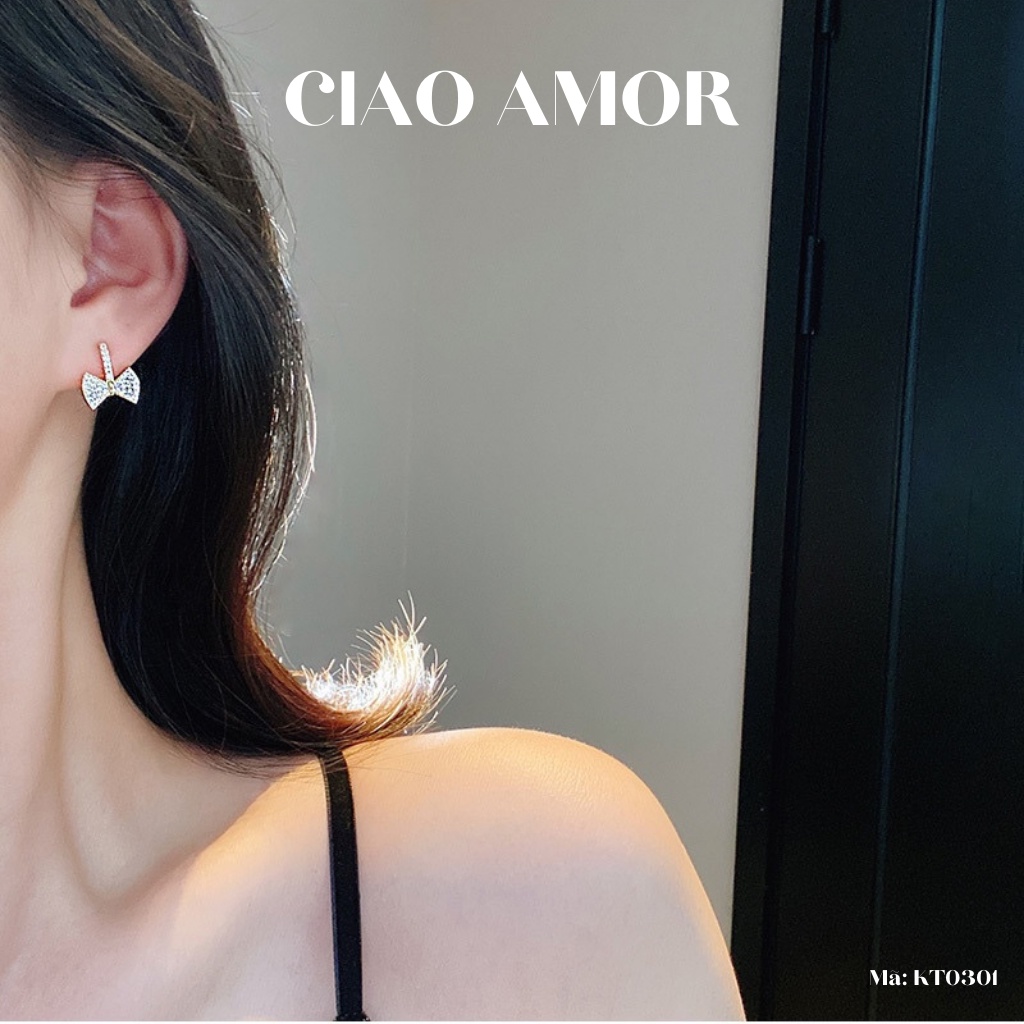 Khuyên tai nữ, Bông tai nữ bạc 925 thanh nơ đính đá dễ thương Trang sức Ciao Amor - KT0301