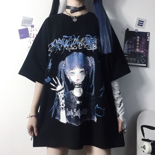 2022 New Hip-hop Short-sleeved Female Gothic Summer Harajuku Style JK Loose Dark Black Anime Large Size Top Ins Shirt