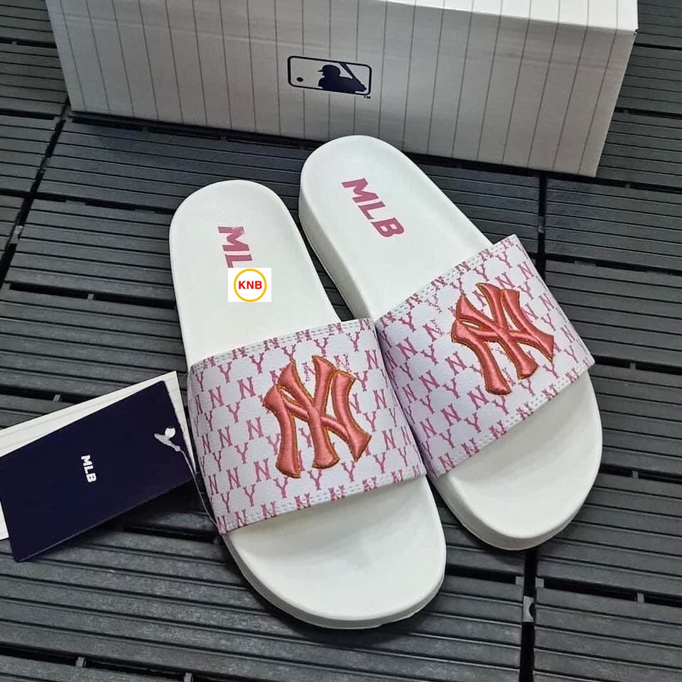 Dép 𝐌𝐋𝐁 UNISEX mẫu dép thể thao ❤️ Freeship + Hộp ❤️ Dép NY bóng chày quai ngang nam nữ chữ thêu nỗi kèm mác trắng hồng