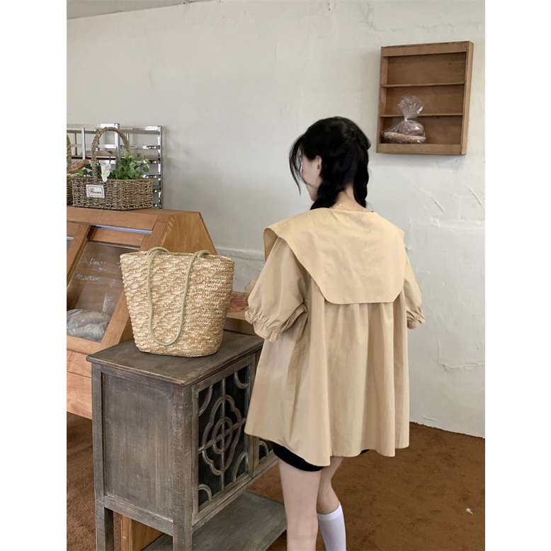 Áo Sơ Mi Ngắn Tay Cổ Búp Bê Họa Tiết Thêu Phong Cách Retro