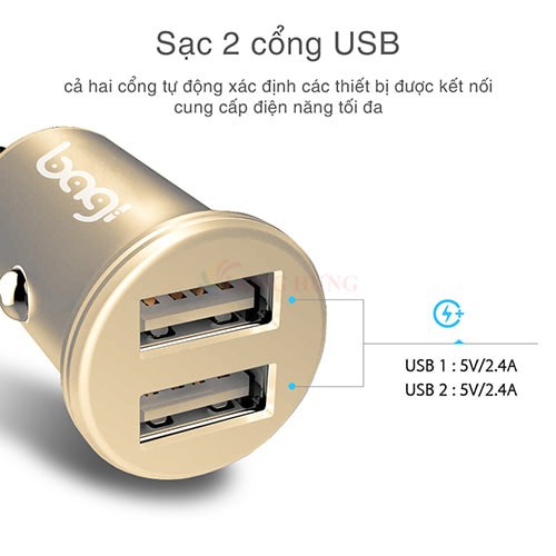 [Mã 2404EL10K giảm 10K đơn 20K] Cốc sạc xe hơi Bagi 2A 2USB CE-O52 - Hàng chính hãng