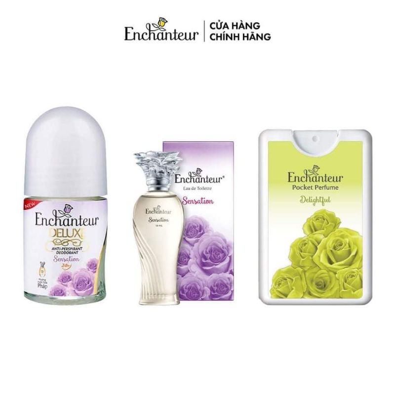 Bộ 3 sản phẩm Enchanteur: Lăn khử mùi Sensation 25ml, Nước hoa Sensation 10ml, Nước hoa bỏ túi Delightful 18ml