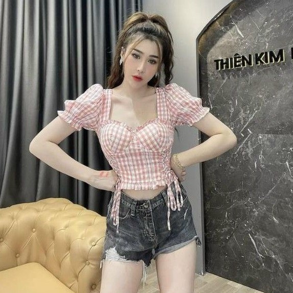 Áo sọc CARO Mod Ngực dây cột kiểu phôm ĐẸP