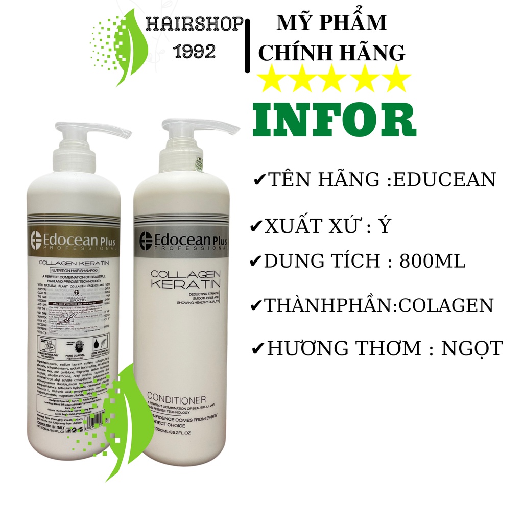 Dầu gội keratin colagen EDUCEAN kiềm dầu phục hồi chống rụng tóc siêu mượt , combo dầu gôi dầu xả 500ml * 2