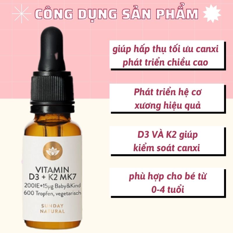 Vitamin D3 K2 MK7 Đức 200IE Sunday Natural dạng giọt 20ml cho bé Tăng hấp thụ canxi phát triển chiều cao tối ưu