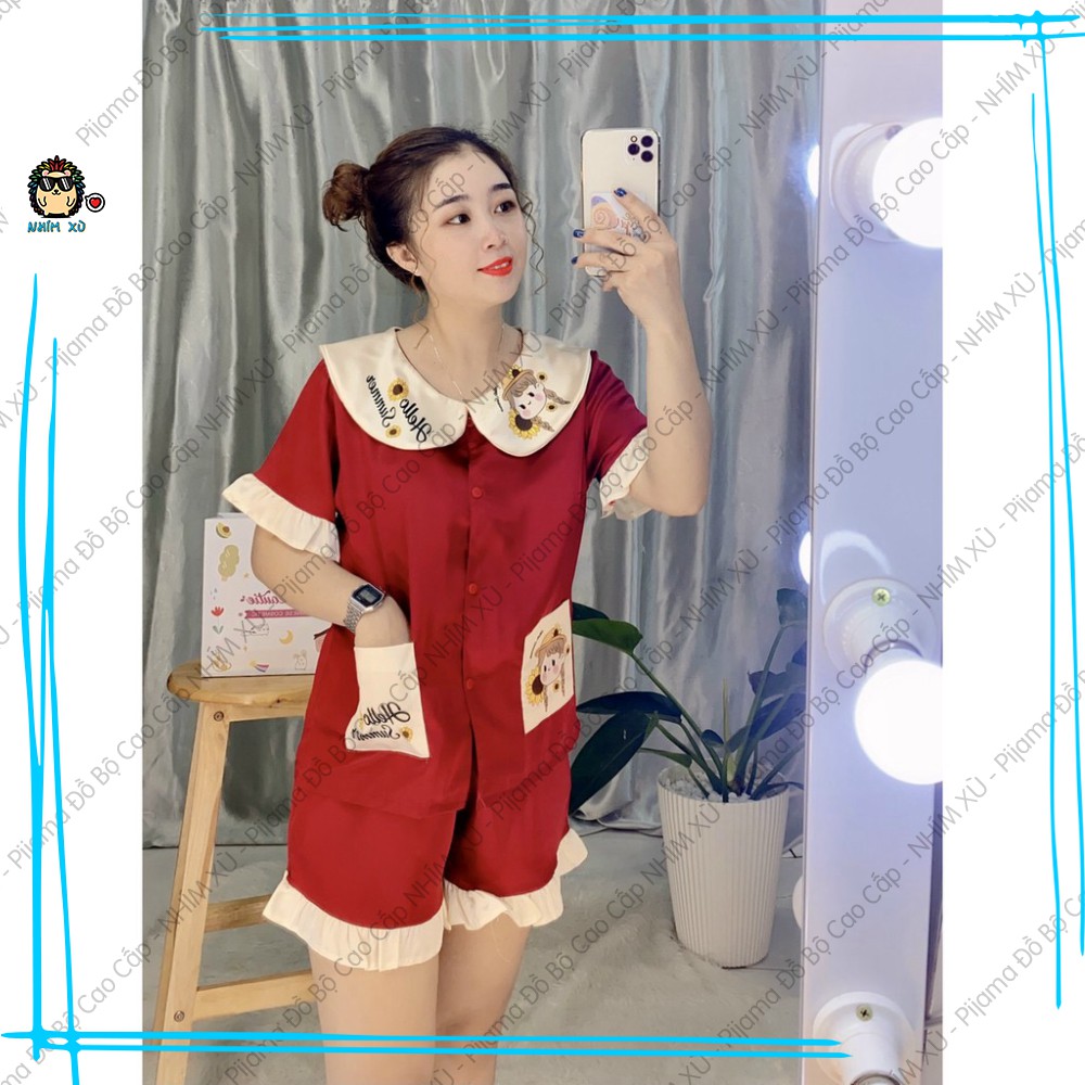 Đồ Bộ Ngủ Pijama Mặc Nhà Vải Satin Cao Cấp Cổ Bèo Tay Phồng Hello Summer Quần Đùi Áo Tay Ngắn | BigBuy360 - bigbuy360.vn