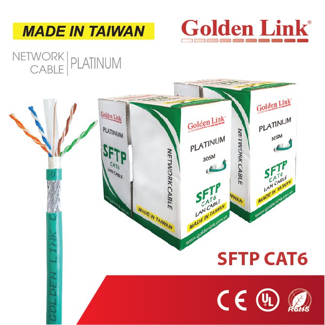 (Đài Loan) Cáp mạng GoldenLink Taiwan CAT6 chống nhiễu SFTP 10Gbps Gigabit LAN BootRom CCTV Camera PoE | đi âm tường