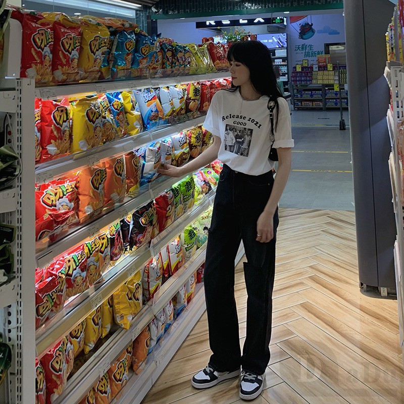 Quần Jeans Nữ Lưng Cao Ống Rộng Cá Tính
