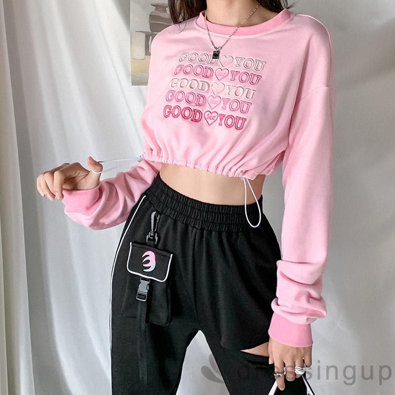 Áo Crop Top Tay Dài Thêu Chữ Cá Tính Dành Cho Nữ