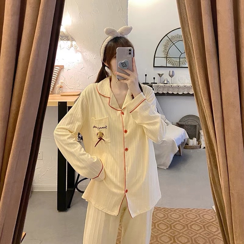 Đồ ngủ nữ mặc nhà viền đỏ tay dài chất thun cotton siêu mát | BigBuy360 - bigbuy360.vn
