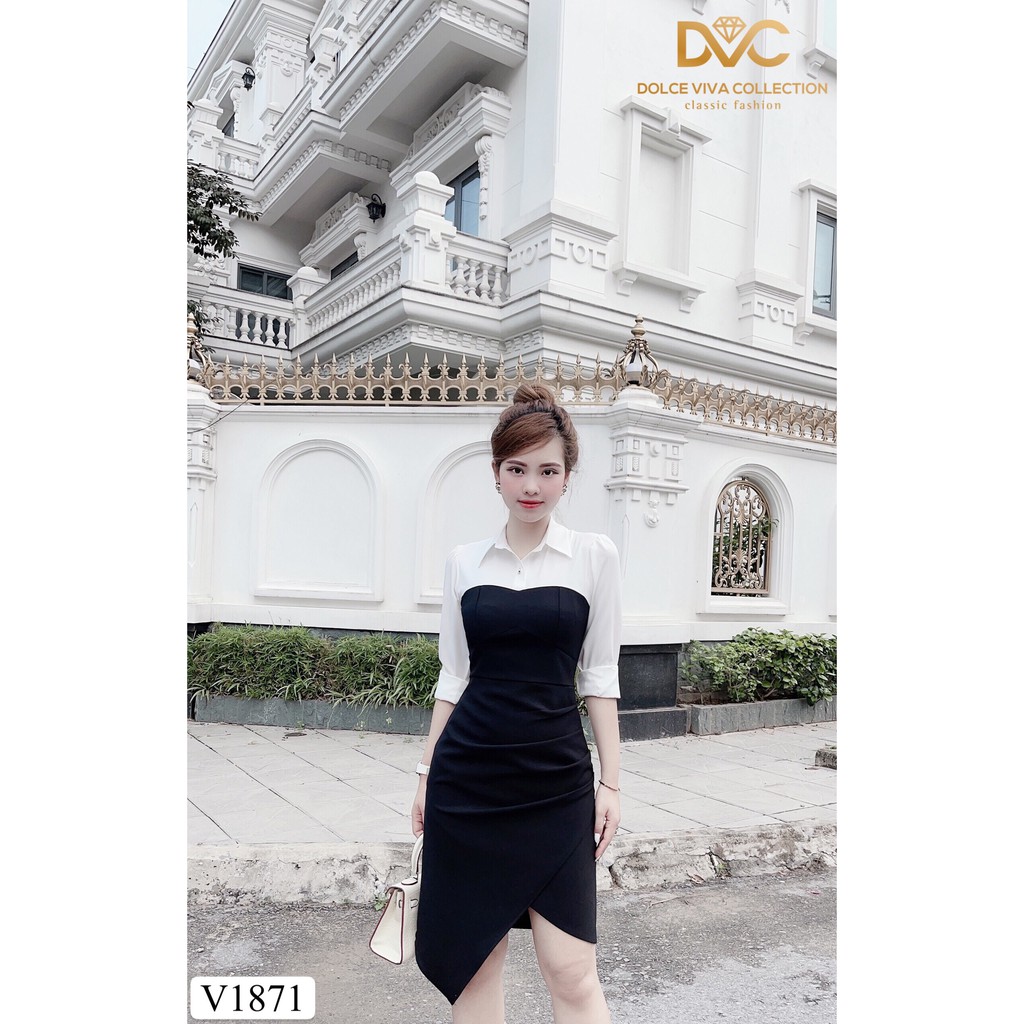 Váy đen tay trắng vạt chéo V1871 - DOLCE VIVA COLLECTION | BigBuy360 - bigbuy360.vn