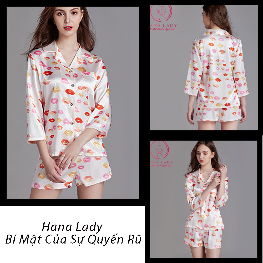 Pijama lụa tơ họa tiết môi cao cấp, Đồ bộ tay lỡ PJ355
