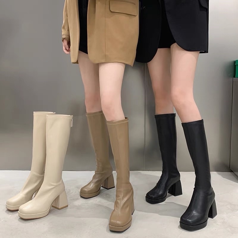 Bốt đùi da mềm gót 7p khoá sau có lót lông