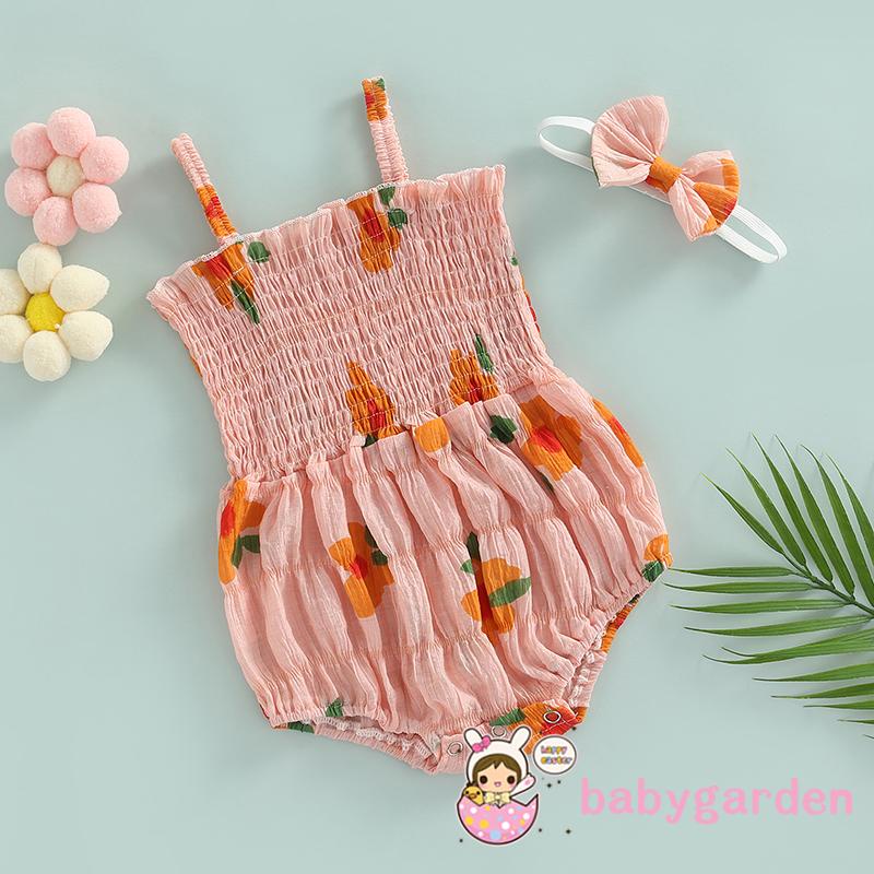 Bộ Áo Liền Quần Hai Dây + Băng Đô Co Giãn In Họa Tiết Hoa Cho Bé Gái 0-24 Tháng Tuổi