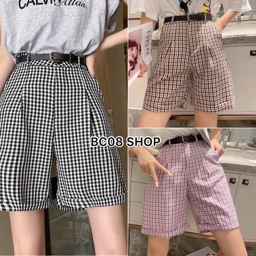 Quần Short Ngố Caro lưng cao kéo khóa Basic full size ( 3 màu)