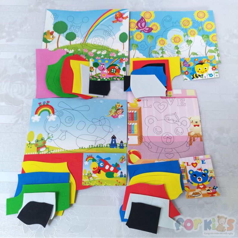 Tranh dán xốp cho bé khéo tay, combo 10 tranh