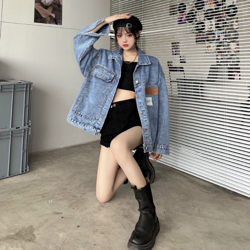 Áo khoác denim tay dài dáng rộng cổ polo thời trang Hàn Quốc cho nữ