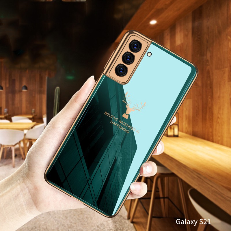 Ốp điện thoại mặt kính mạ điện in hình hươu sang trọng cho Samsung Galaxy S21 Ultra S21 Plus S21+