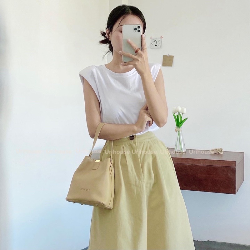 Urihouse - Chân váy kaki dáng dài midi chữ A màu kem cạp chun phía sau