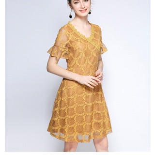 Đầm big size ren dáng xoè nhập khẩu màu vàng size lớn 75-100k