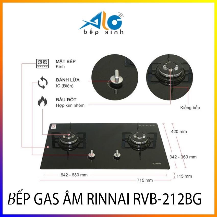 Bếp gas âm Rinnai RVB-212BG - Có ngắt gas tự động - Đánh lửa IC - BH 2 năm - Alo Bếp Xinh