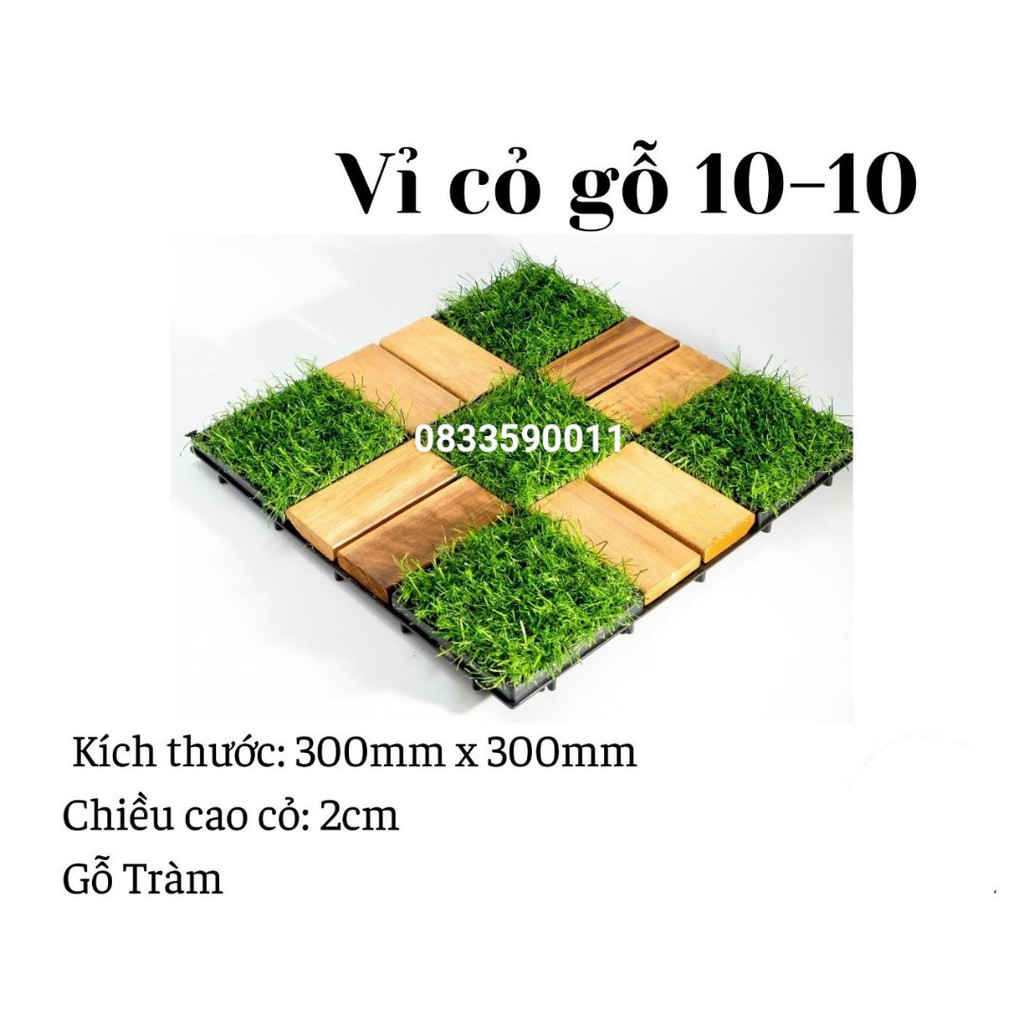 Vỉ gỗ tự nhiên kết hợp thảm cỏ lót ban công - sân vườn. KT :30cm*30cm*2.4cm