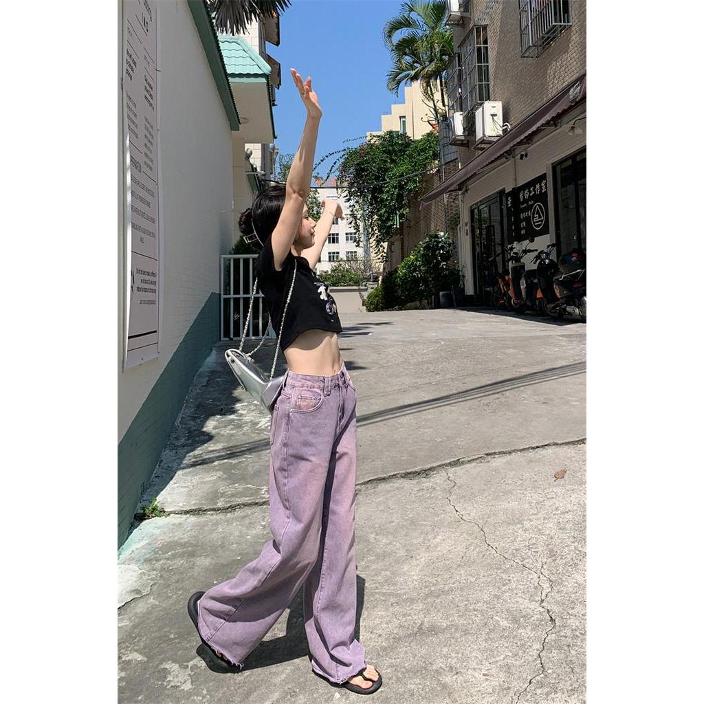 Quần Jean Nữ Lưng Cao Ống Rộng Màu Tím Thời Trang 64039