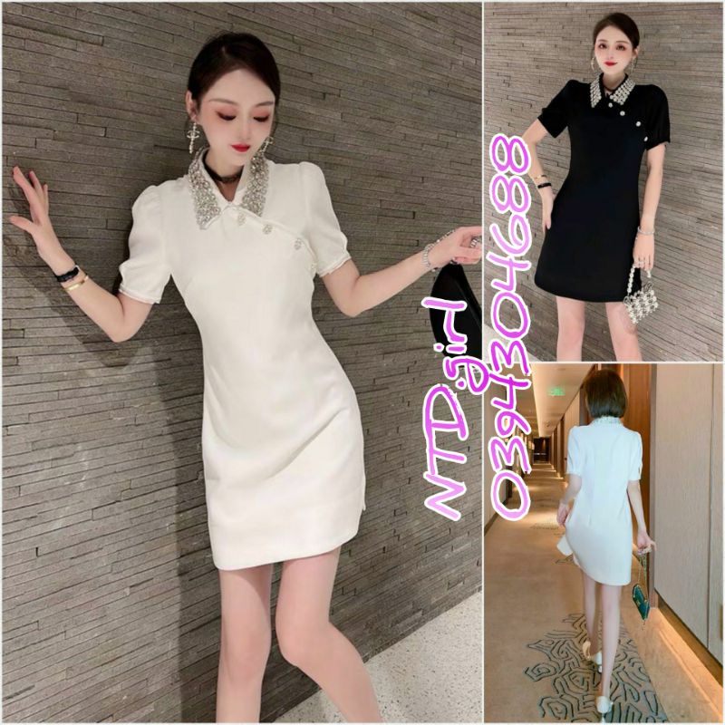 Hàng nhập - Đầm dáng suông xô lụa cổ peter kết đá, váy xuông tay ngắn đính nút chéo