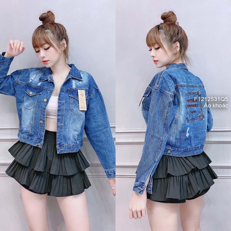 Áo khoát jeans lưng chữ ô vuông