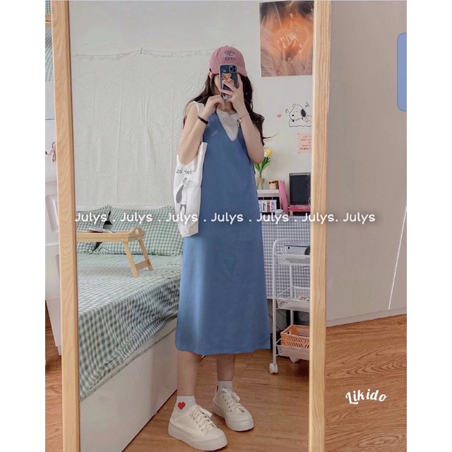 Đầm midi yếm sát nách trơn màu xanh và màu đen