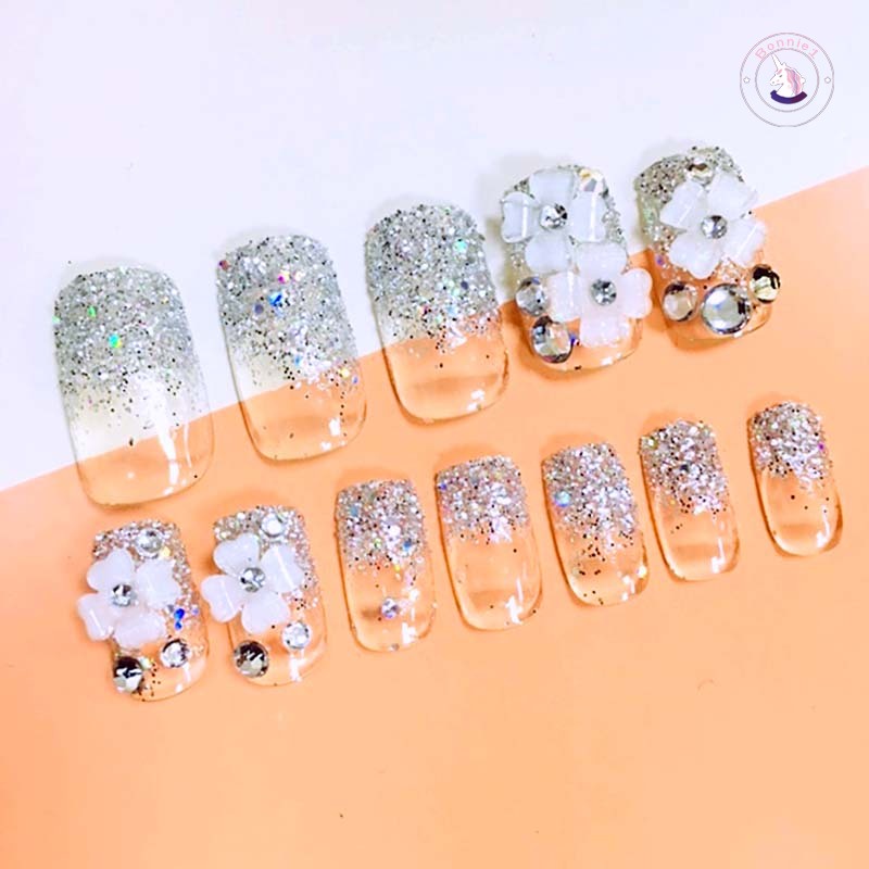 Set 24 móng tay giả họa tiết hoa 3D xinh xắn kèm keo dán dành cho cô dâu