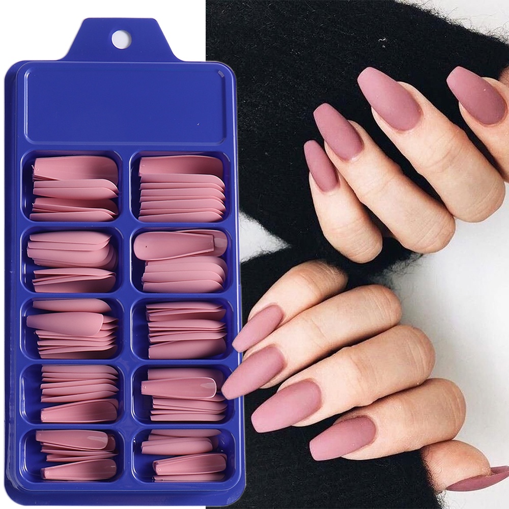 Bộ 100 Móng Tay Giả Dài Màu Trắng/Đen/Hồng/Trắng Trang Trí Đẹp Mắt