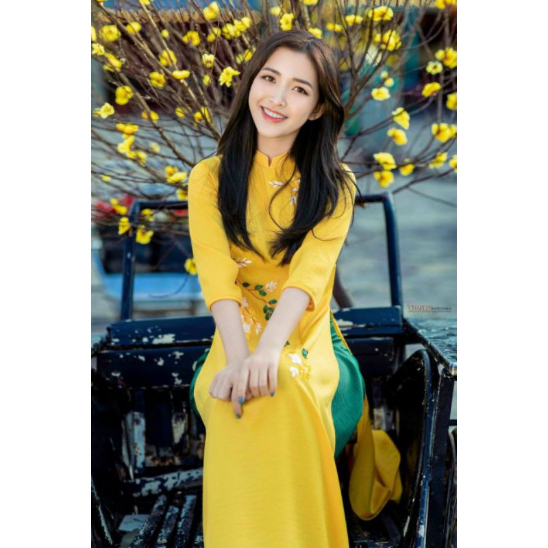 ÁO DÀI VÀNG THÊU TƯƠI SÁNG DA🍀MIỄN SHIP🍀KÈM ẢNH THẬT PHÍA SAU