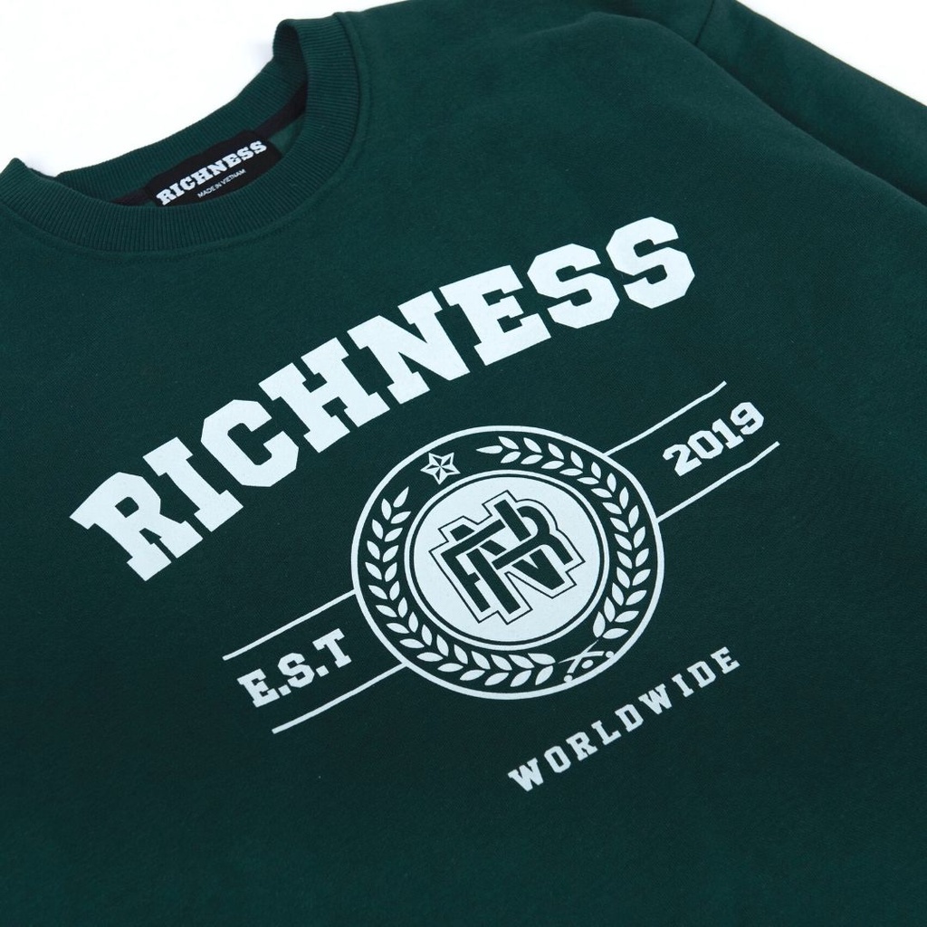 Áo Sweater Nỉ Bông Tay Dài Unisex RICHNESS UNIVERSITY Màu Xanh Lá - Local Brand Chính Hãng
