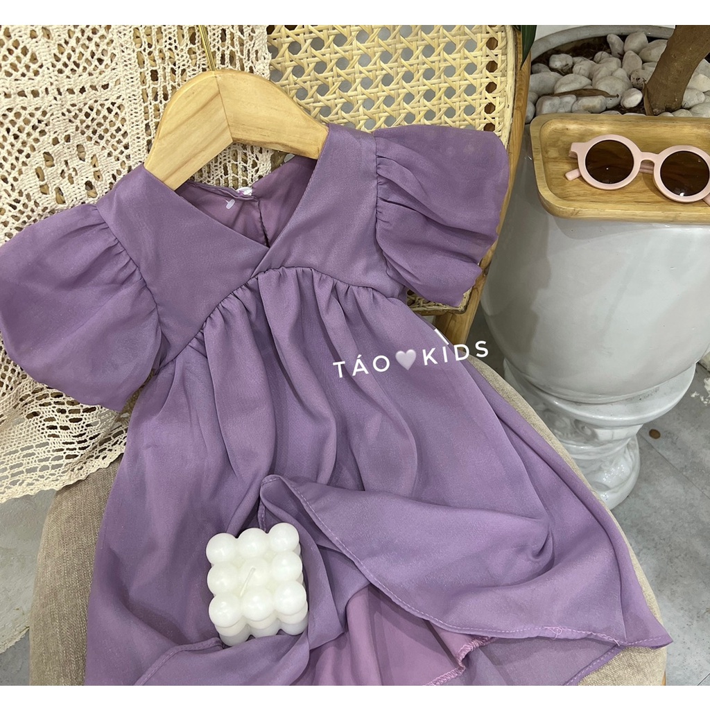Váy tím bé gái, đầm đẹp cho bé cổ v tay phồng chất voan tơ siêu mềm size 8-25kg
