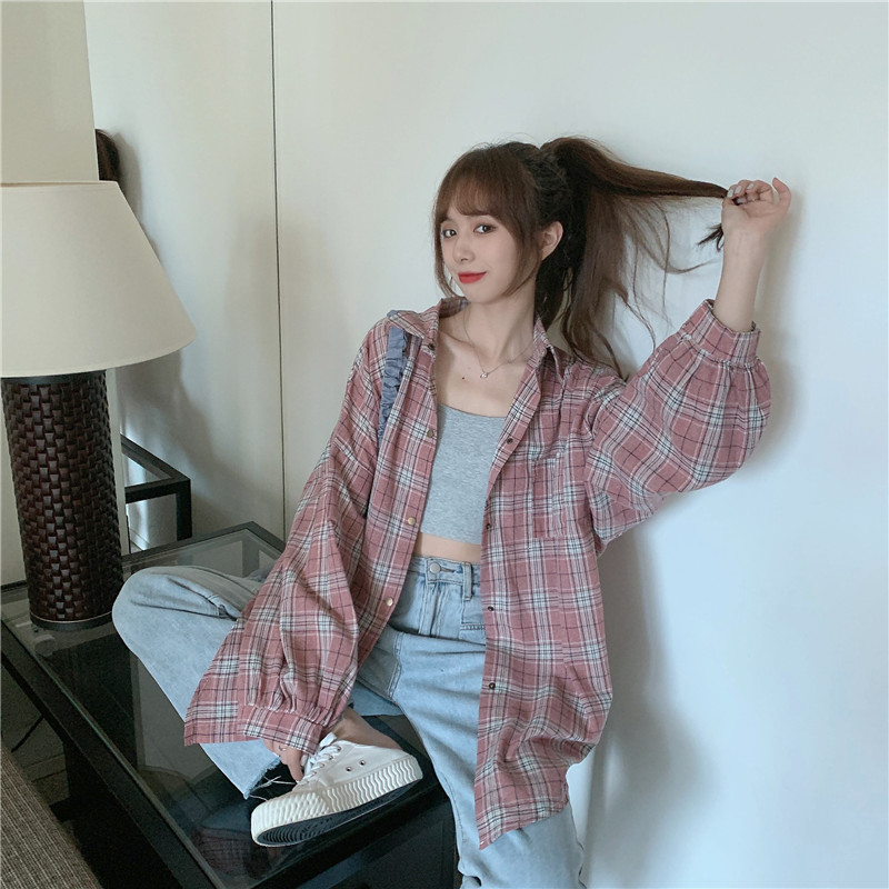 SUXI Áo sơ mi nữ dáng rộng kẻ sọc ca rô nhiều màu lựa chọn