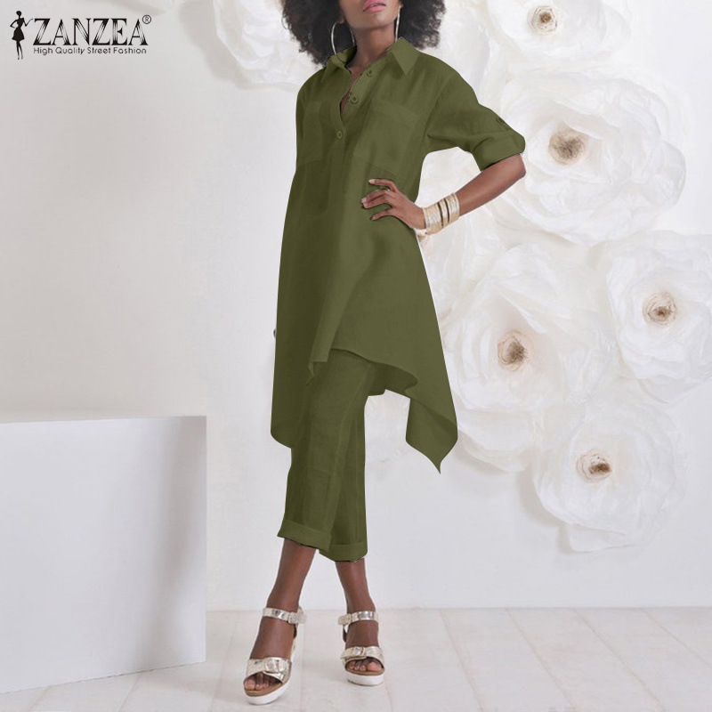 Set đồ 2 món ZANZEA gồm áo sơ mi không cân xứng kèm quần ống rộng vải cotton màu trơn phong cách vintage cho nữ