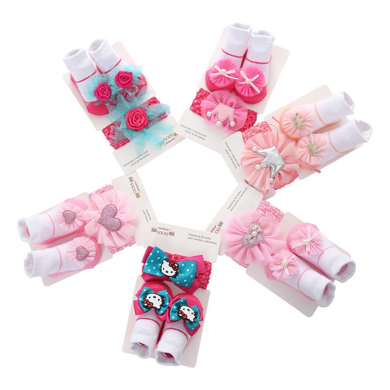 Set vớ cotton + băng đô đính hoa dễ thương để chụp ảnh cho bé sơ sinh