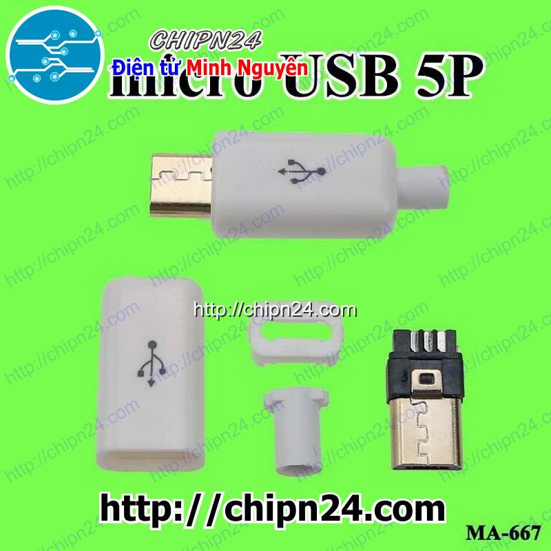 [4 CÁI] Đầu+Vỏ nhựa Micro USB V3 TRẮNG