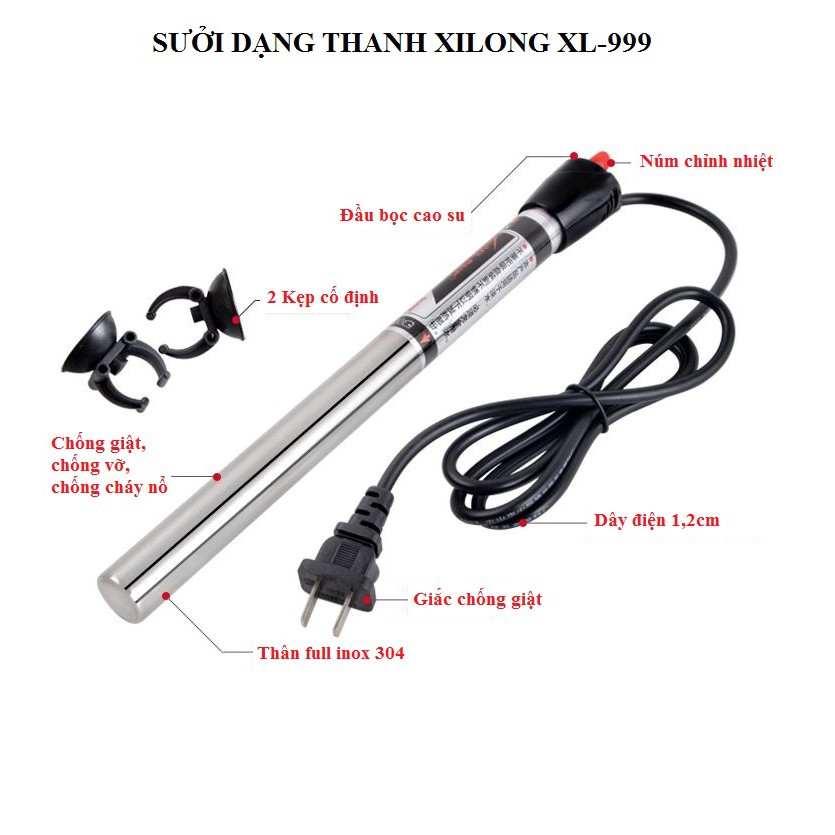 Sưởi bể cá bằng inox Xilong có điều chỉnh nhiệt