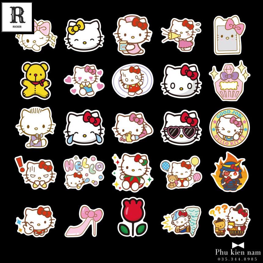 Sticker PVC Hello Kitty 100 Hình ST101 - Stickers Chống nước Dán Mũ bảo hiểm Vali Laptop Điện thoại Dán xe